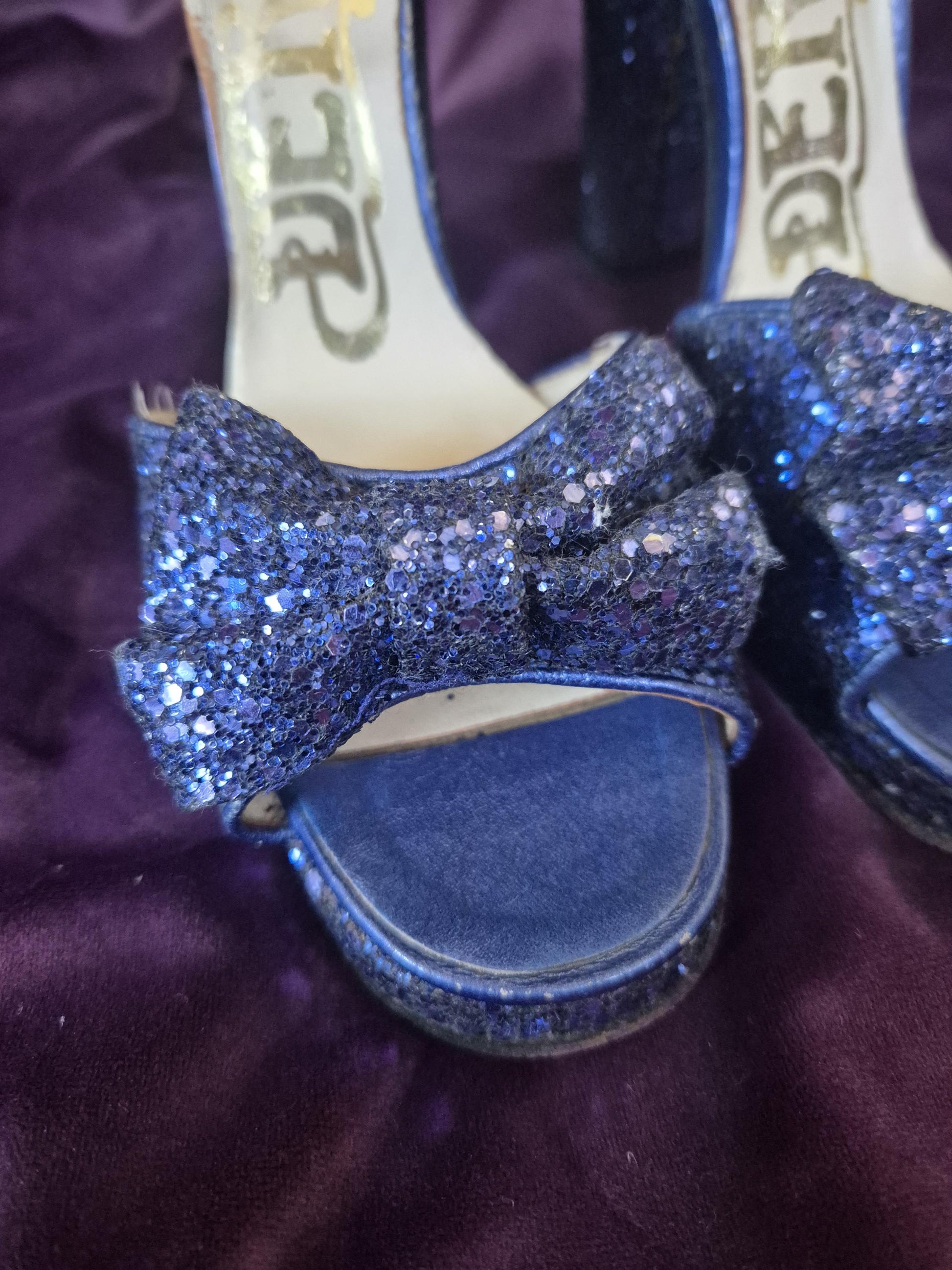 Vintage 1970s Midnight Blue Glitter Bow Sandal Platform Shoes by Berber