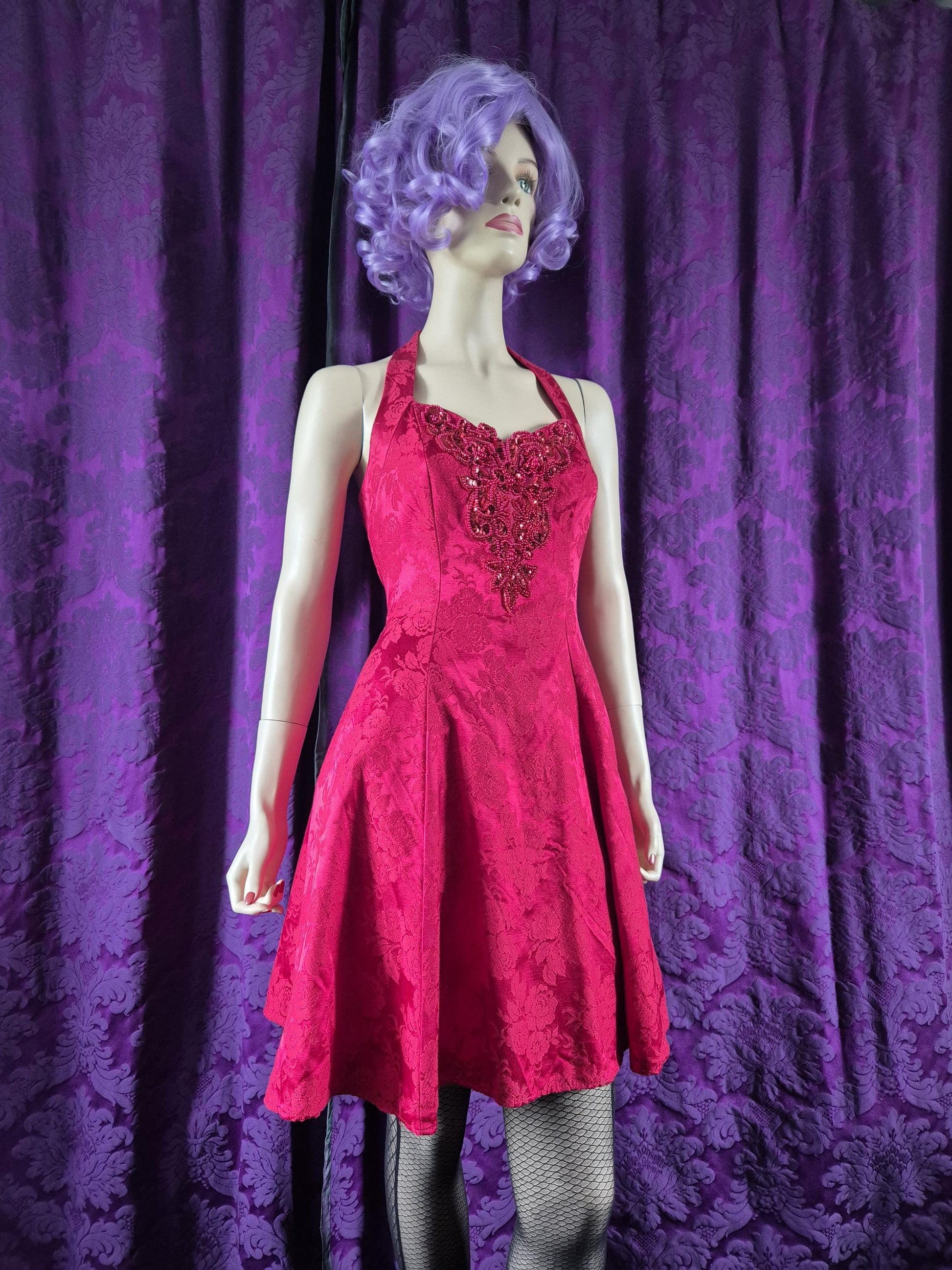 Vintage 90s Red Brocade Fit & Flare Party Dress - Halloween Devil Costume - Sabrina
