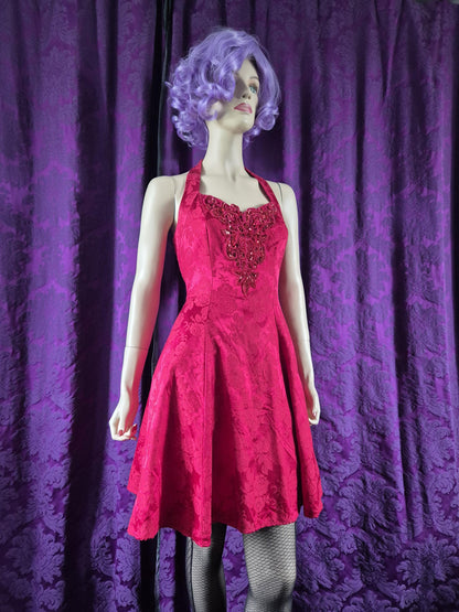 Vintage 90s Red Brocade Fit & Flare Party Dress - Halloween Devil Costume - Sabrina