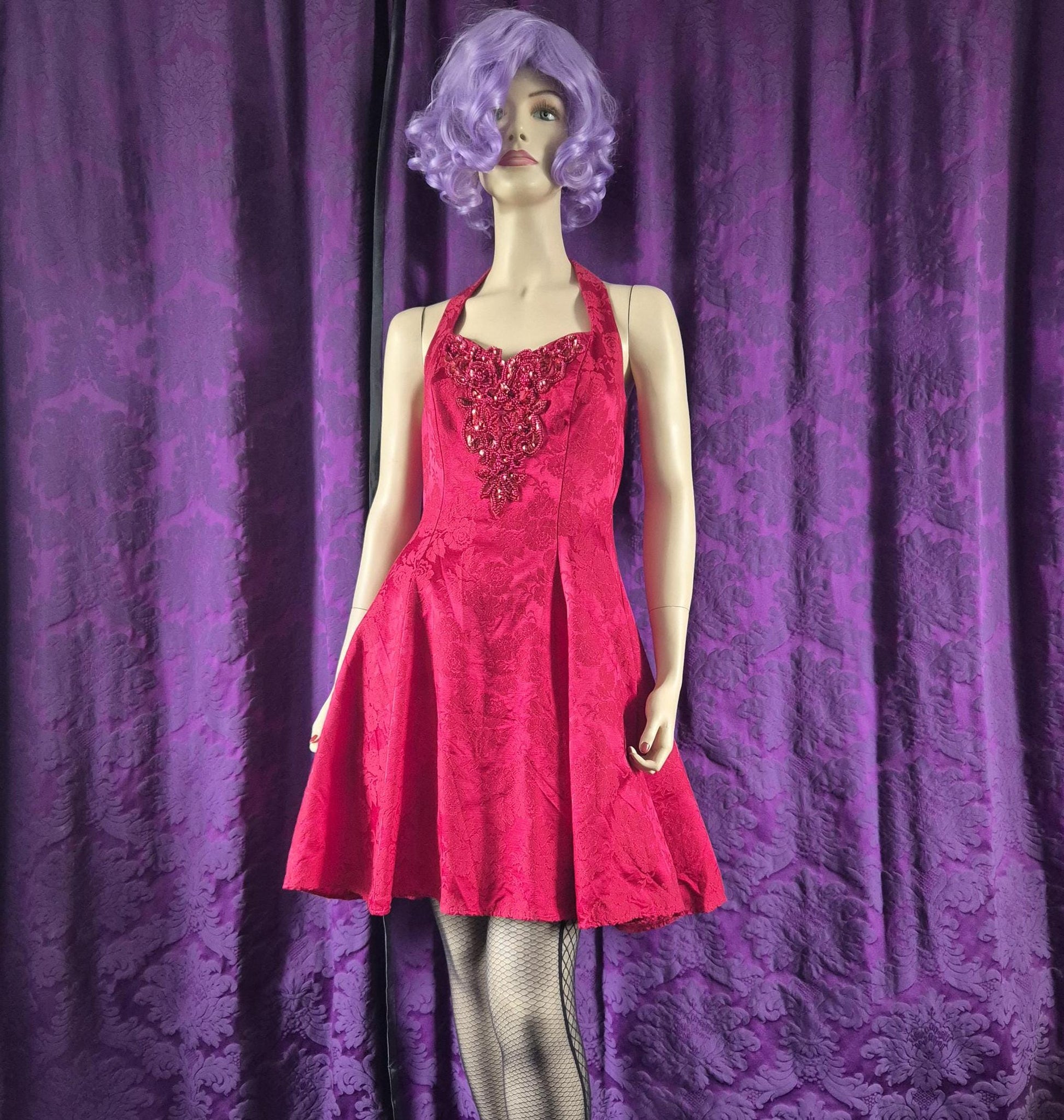 Vintage 90s Red Brocade Fit & Flare Party Dress - Halloween Devil Costume - Sabrina