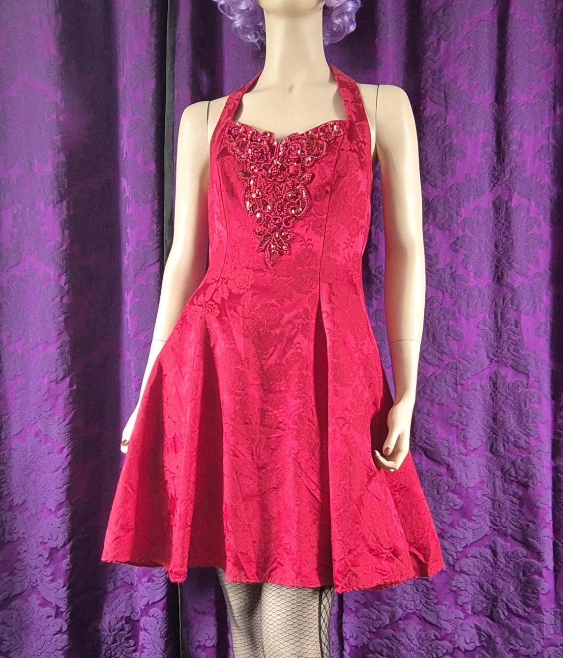 Vintage 90s Red Brocade Fit & Flare Party Dress - Halloween Devil Costume - Sabrina