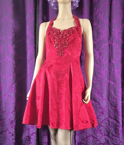 Vintage 90s Red Brocade Fit & Flare Party Dress - Halloween Devil Costume - Sabrina