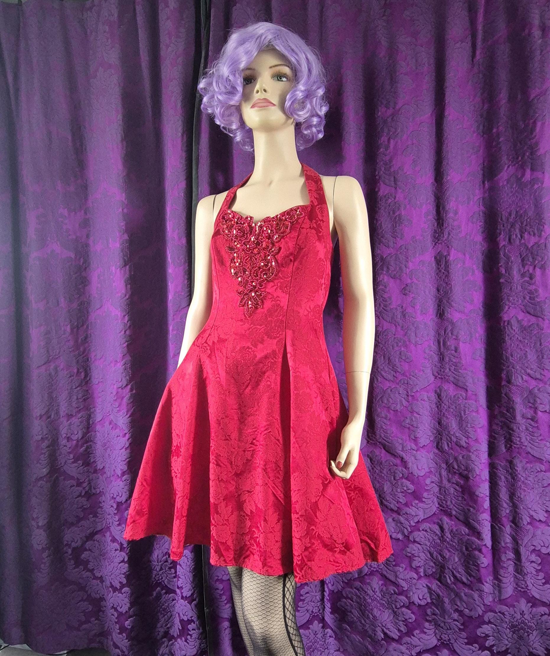 Vintage 90s Red Brocade Fit & Flare Party Dress - Halloween Devil Costume - Sabrina