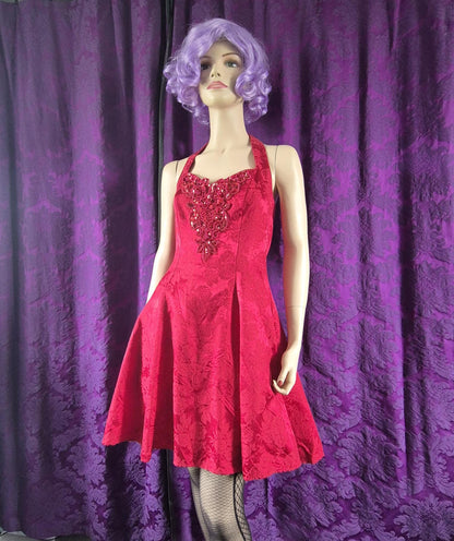 Vintage 90s Red Brocade Fit & Flare Party Dress - Halloween Devil Costume - Sabrina