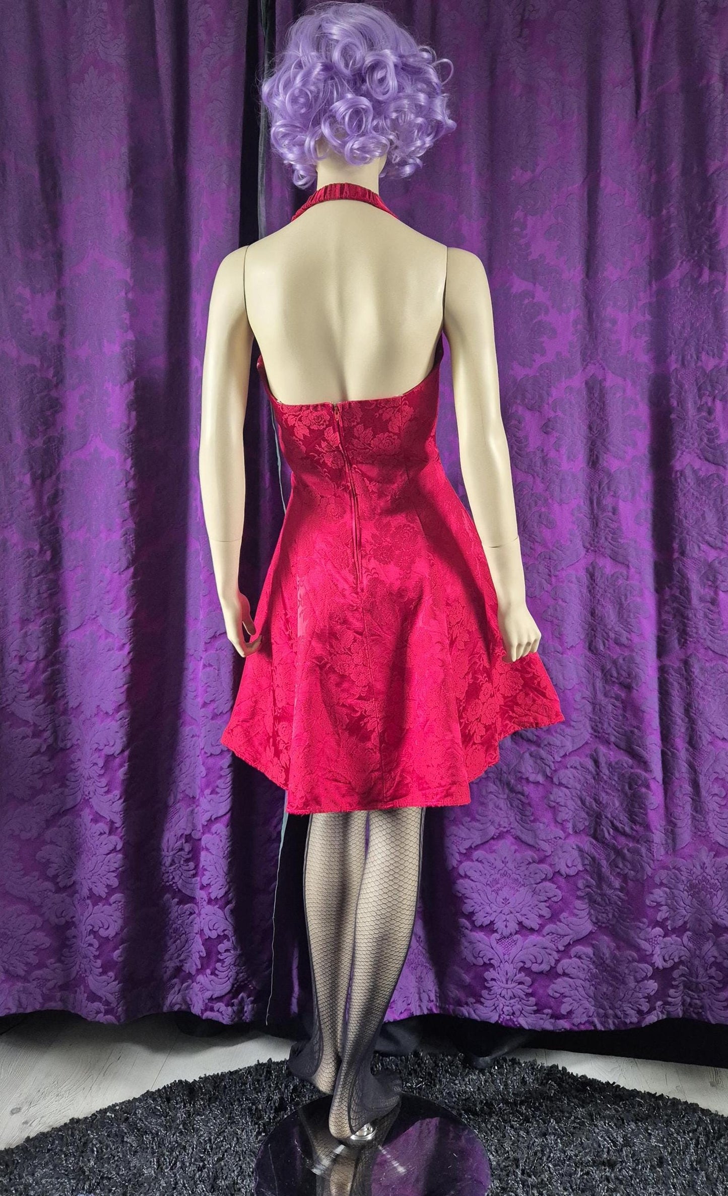 Vintage 90s Red Brocade Fit & Flare Party Dress - Halloween Devil Costume - Sabrina