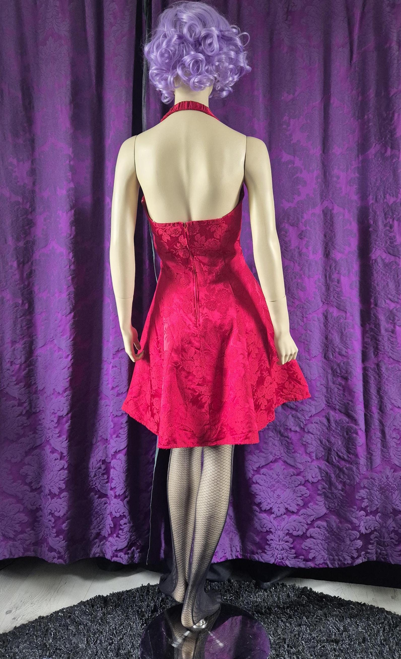 Vintage 90s Red Brocade Fit & Flare Party Dress - Halloween Devil Costume - Sabrina