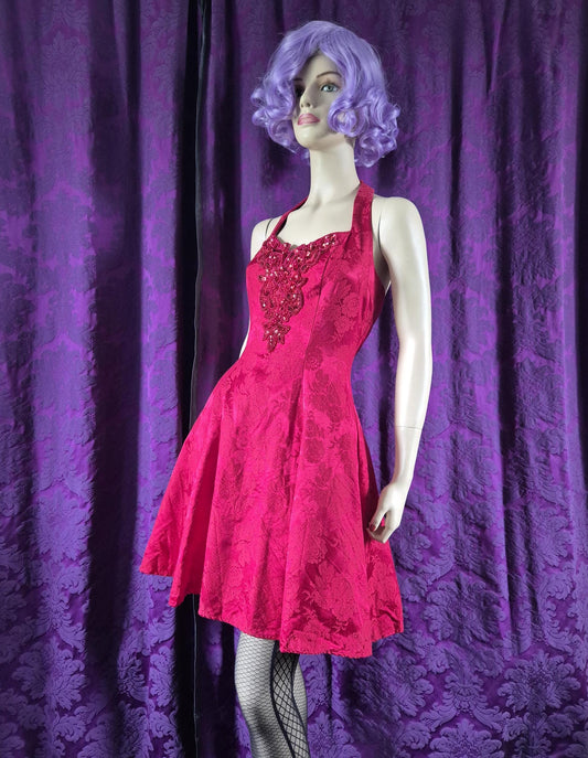 Vintage 90s Red Brocade Fit & Flare Party Dress - Halloween Devil Costume - Sabrina