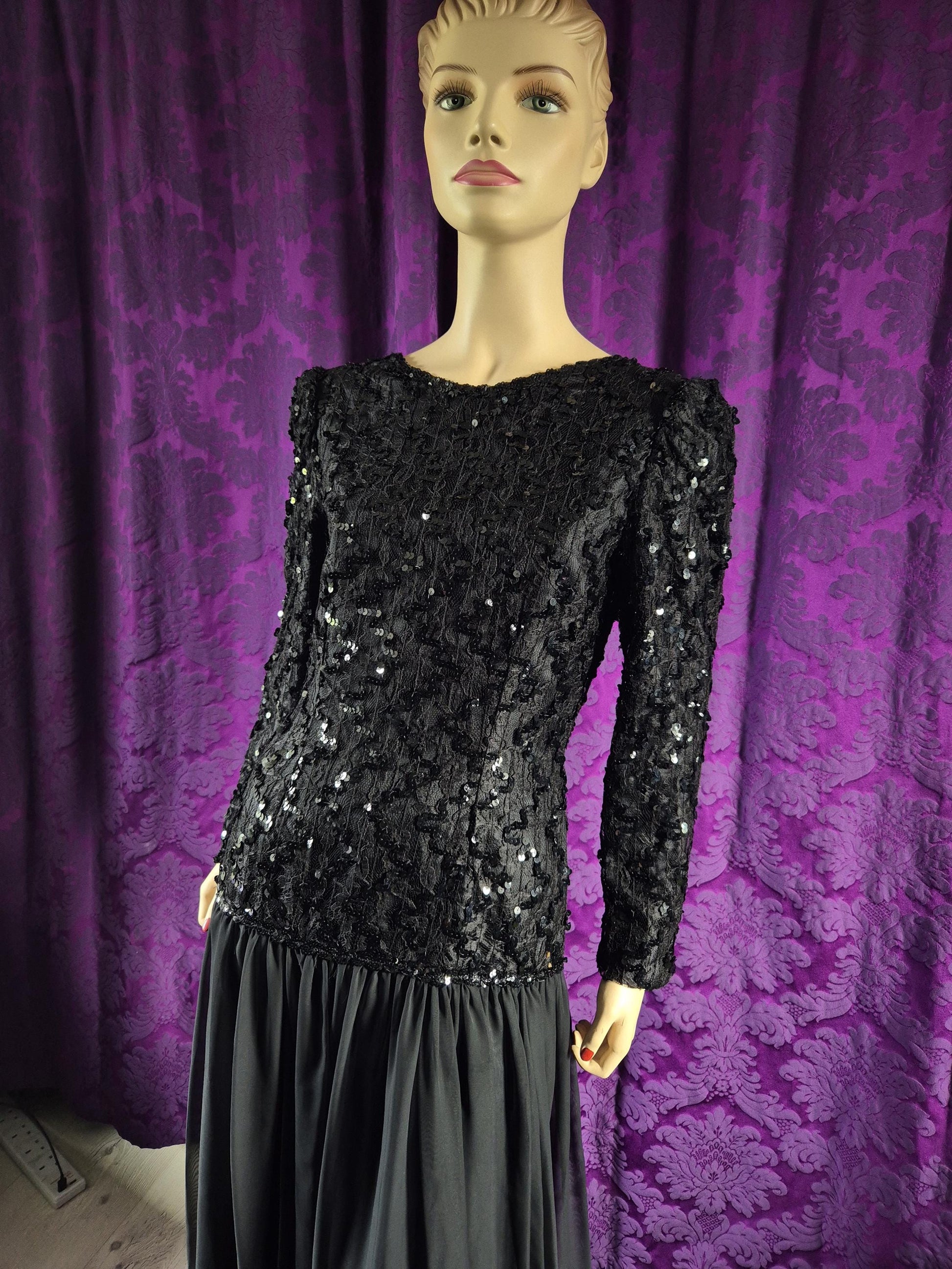 Vintage 1980s Black Sequin Bodice Demure Goth Gown