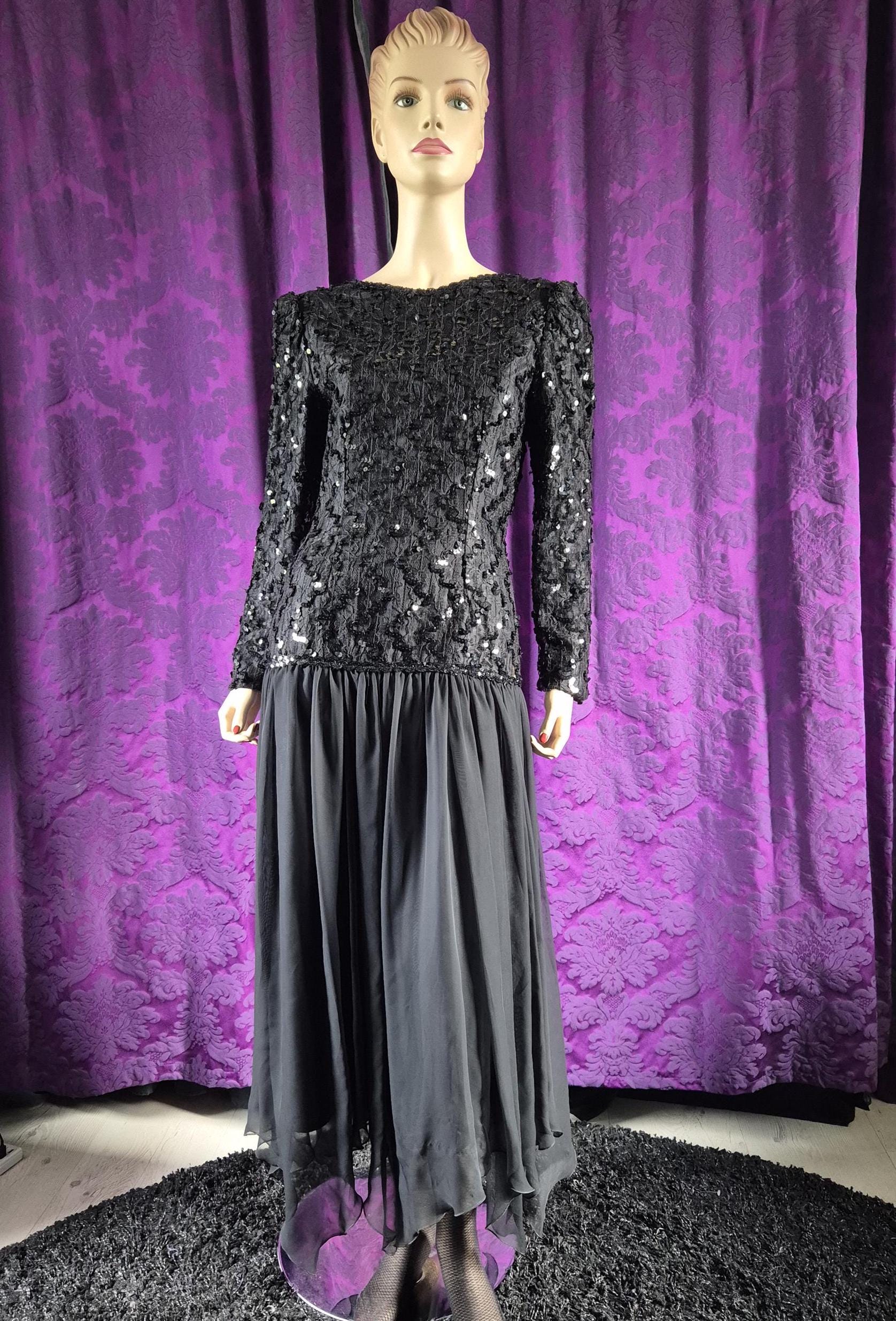 Vintage 1980s Black Sequin Bodice Demure Goth Gown