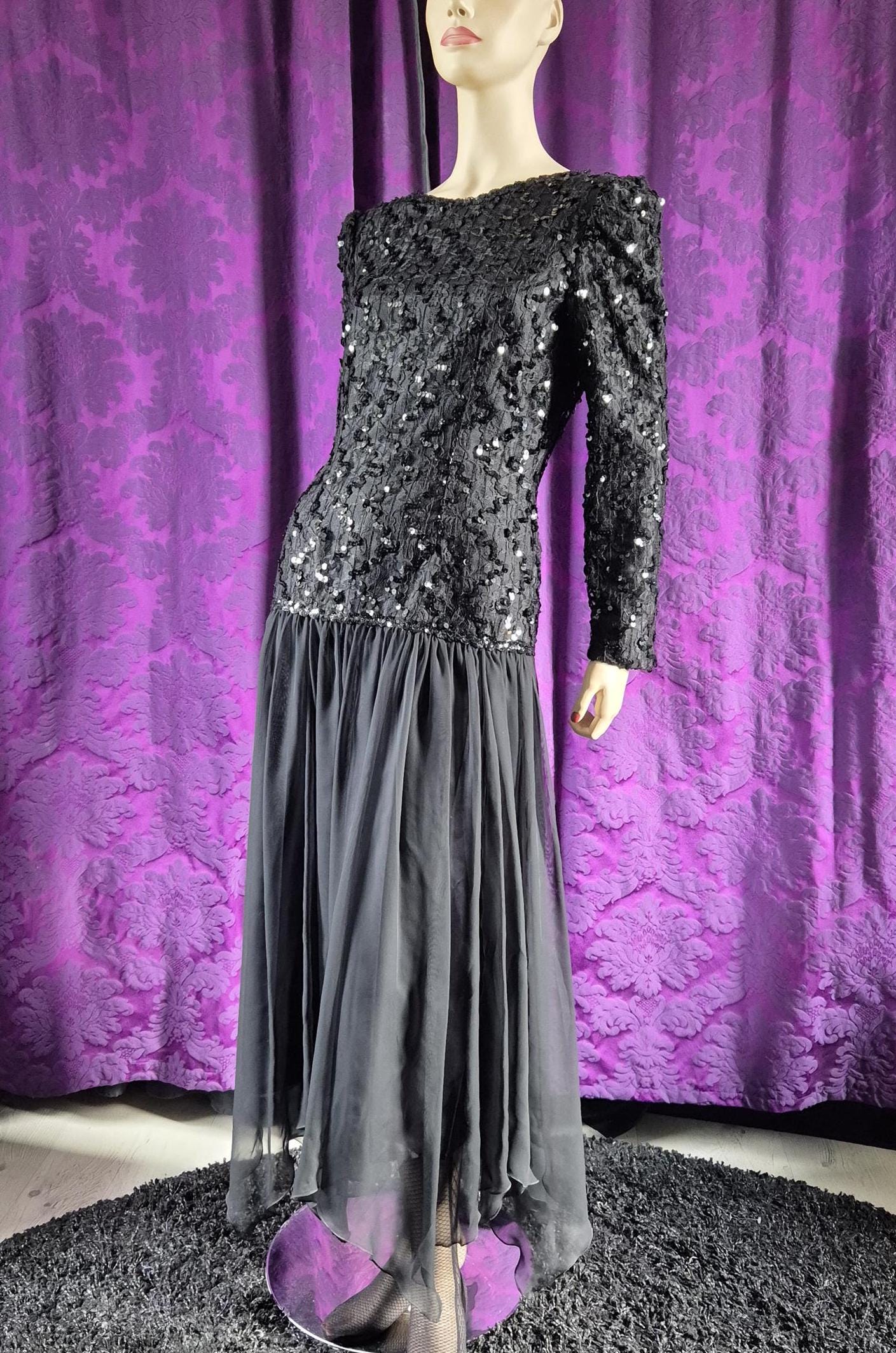 Vintage 1980s Black Sequin Bodice Demure Goth Gown