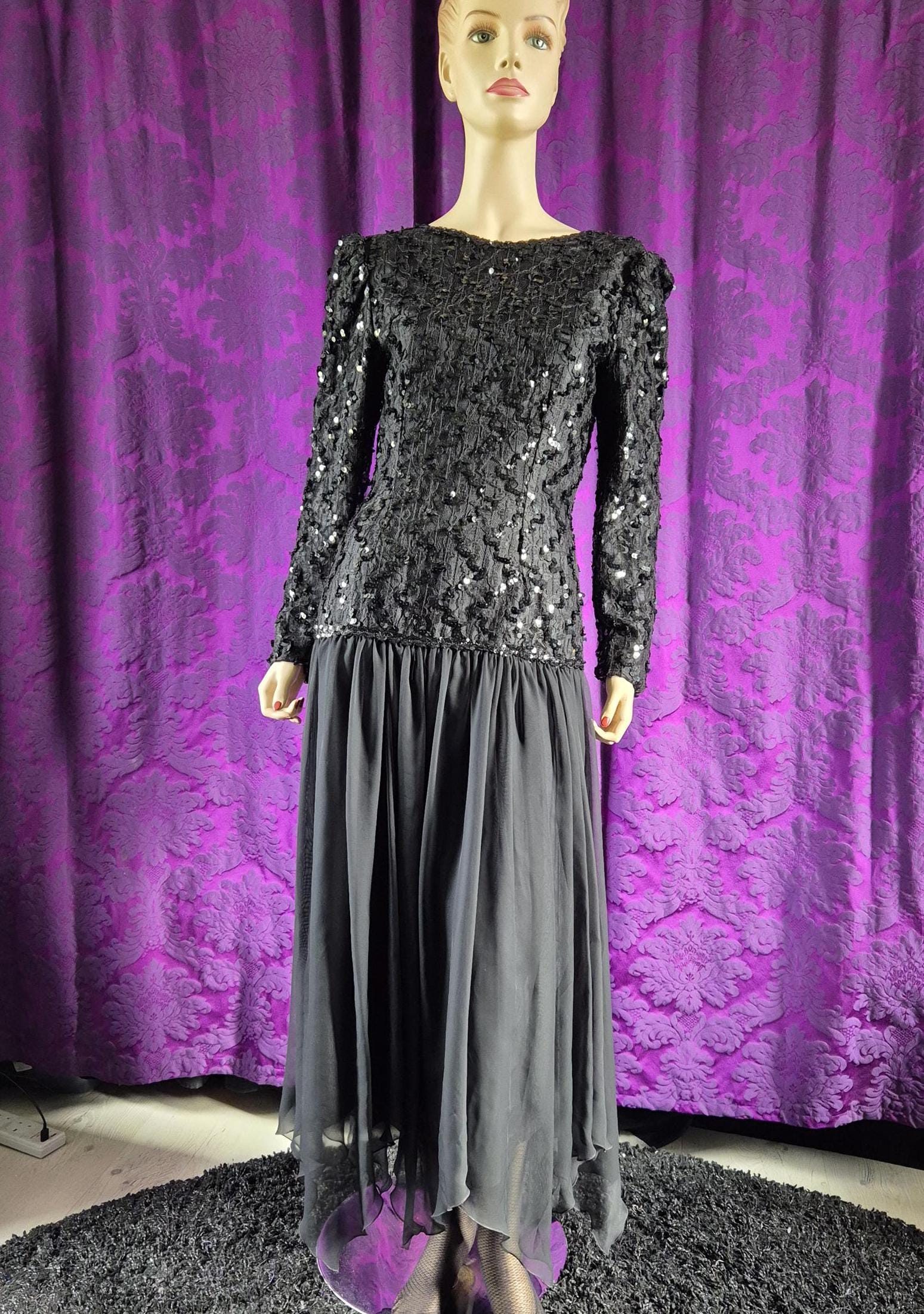 Vintage 1980s Black Sequin Bodice Demure Goth Gown