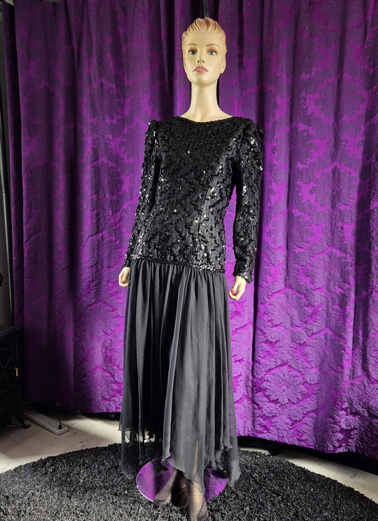 Vintage 1980s Black Sequin Bodice Demure Goth Gown