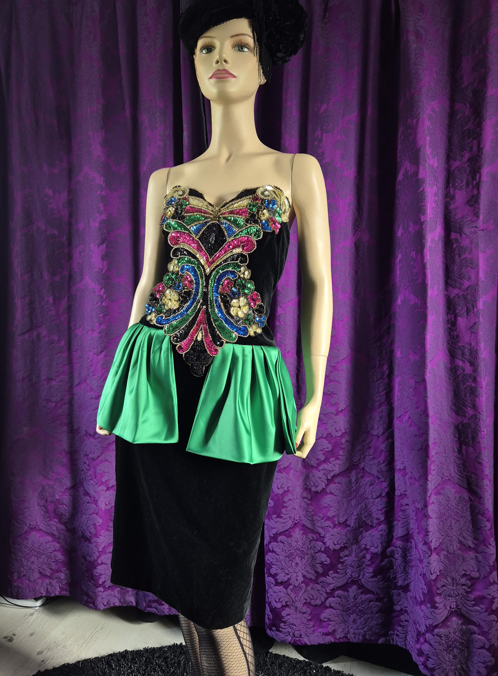 Vintage 1980s Bejewelled Velvet Strapless Peplum Dress