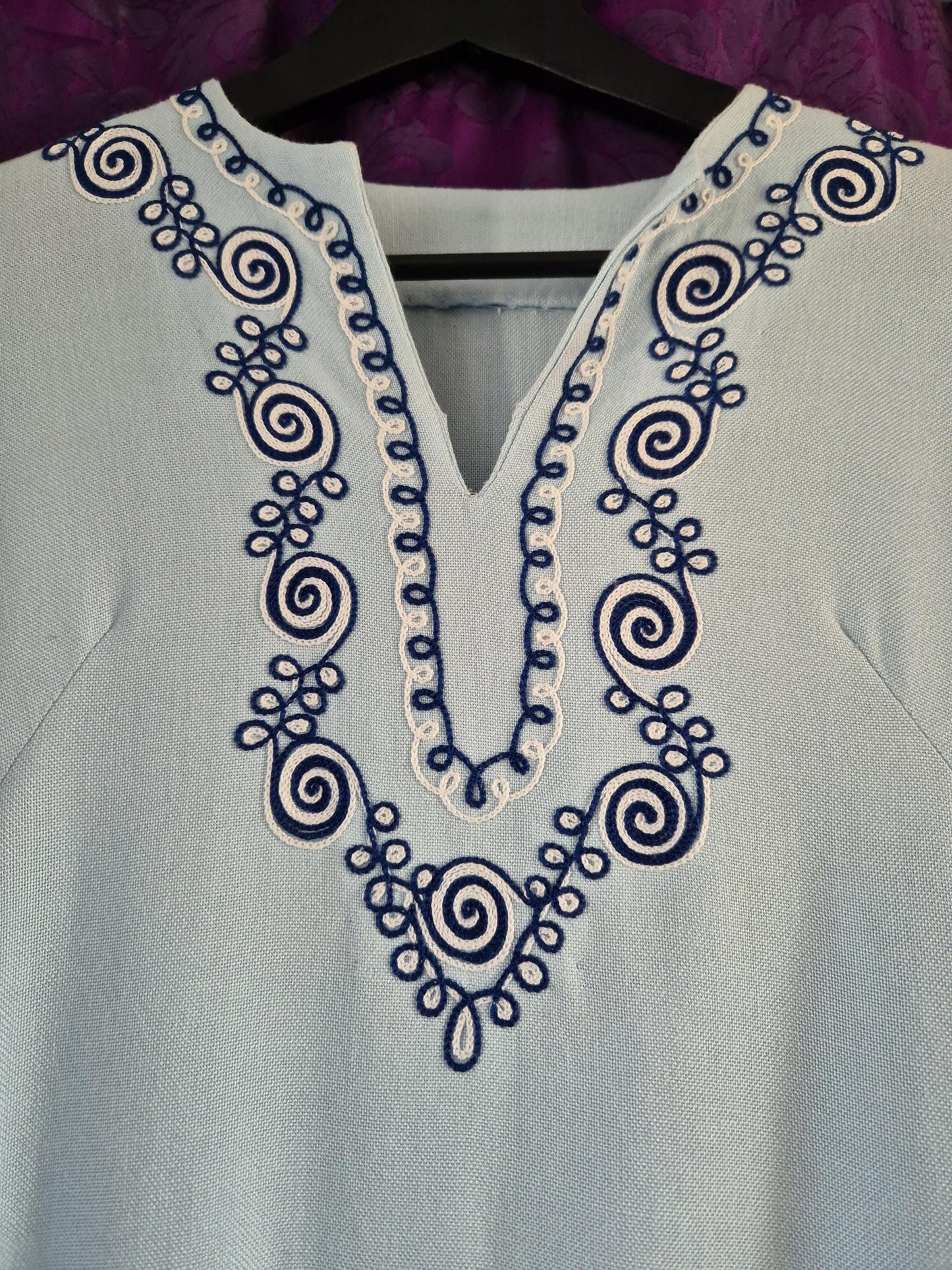 Vintage Pale Blue Boho Embroidered Tunic Top