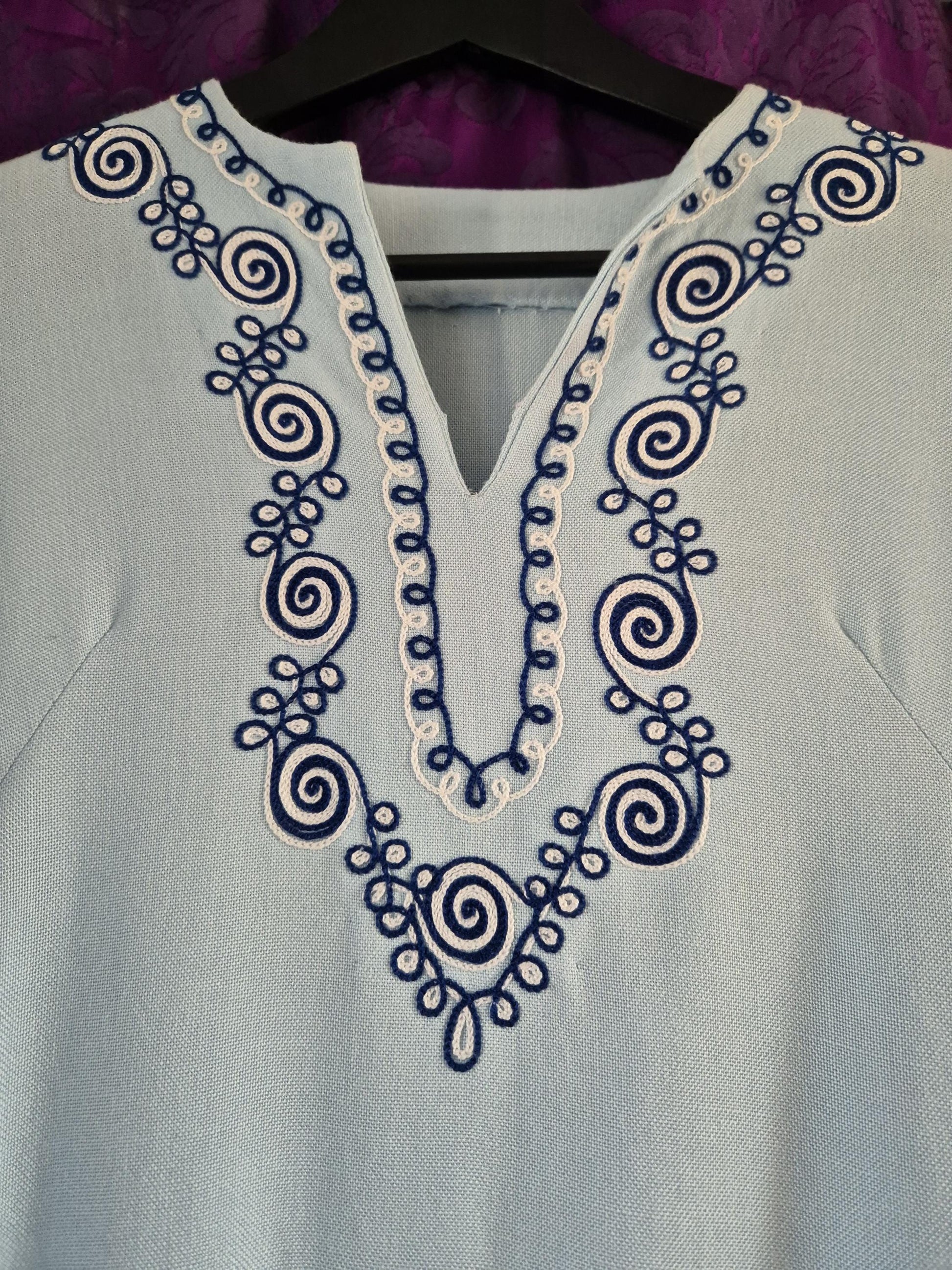 Vintage Pale Blue Boho Embroidered Tunic Top