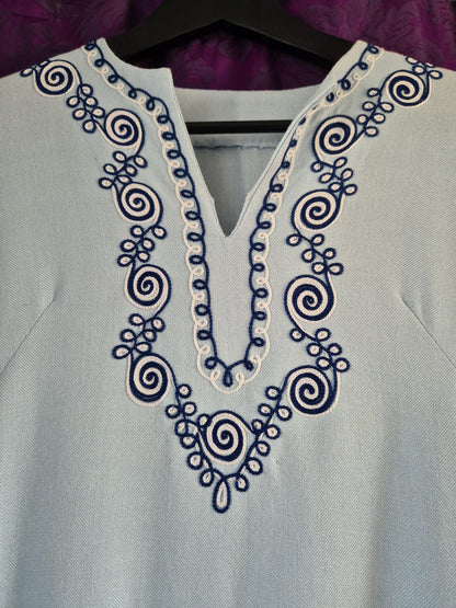 Vintage Pale Blue Boho Embroidered Tunic Top