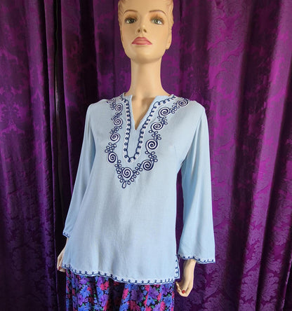 Vintage Pale Blue Boho Embroidered Tunic Top