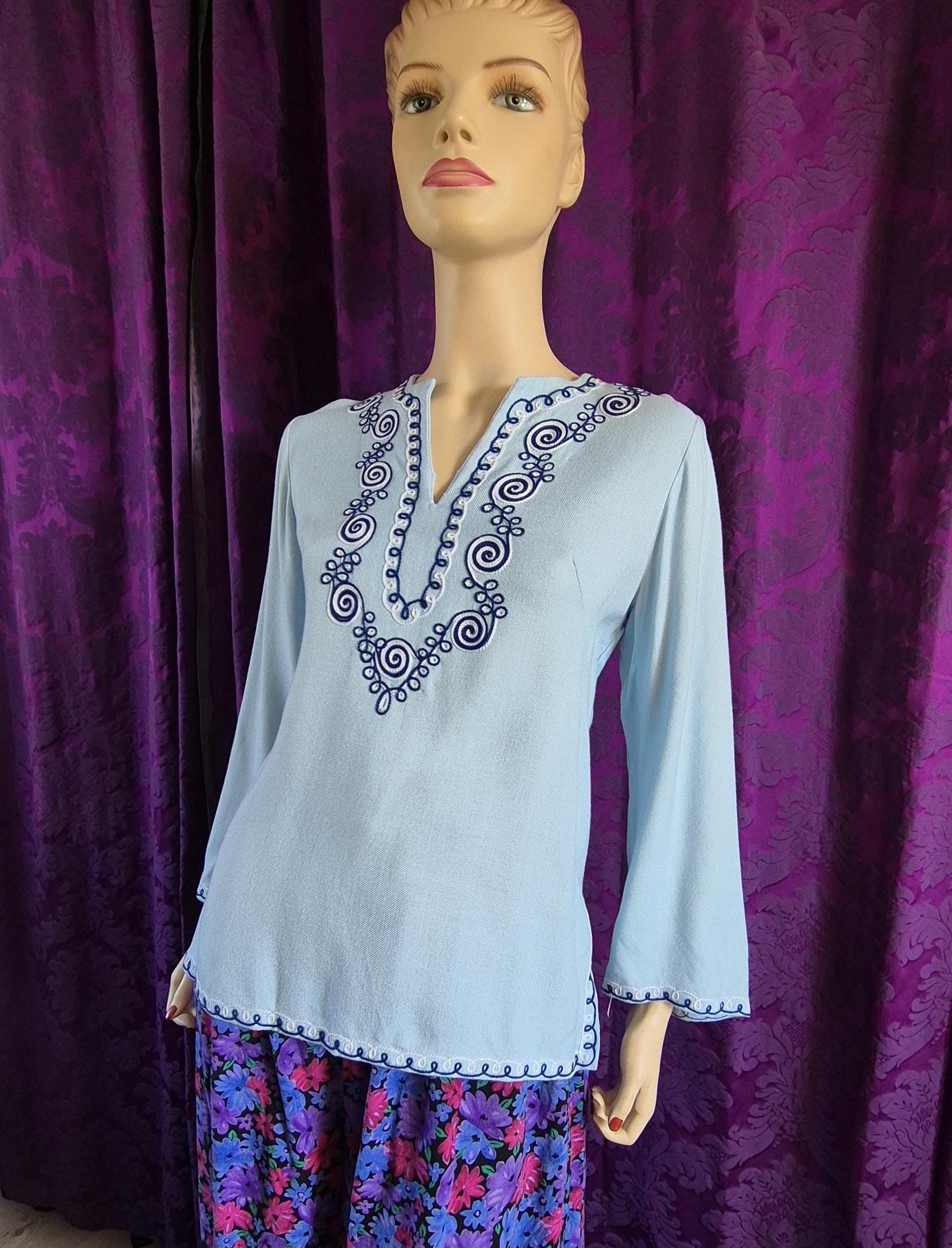 Vintage Pale Blue Boho Embroidered Tunic Top