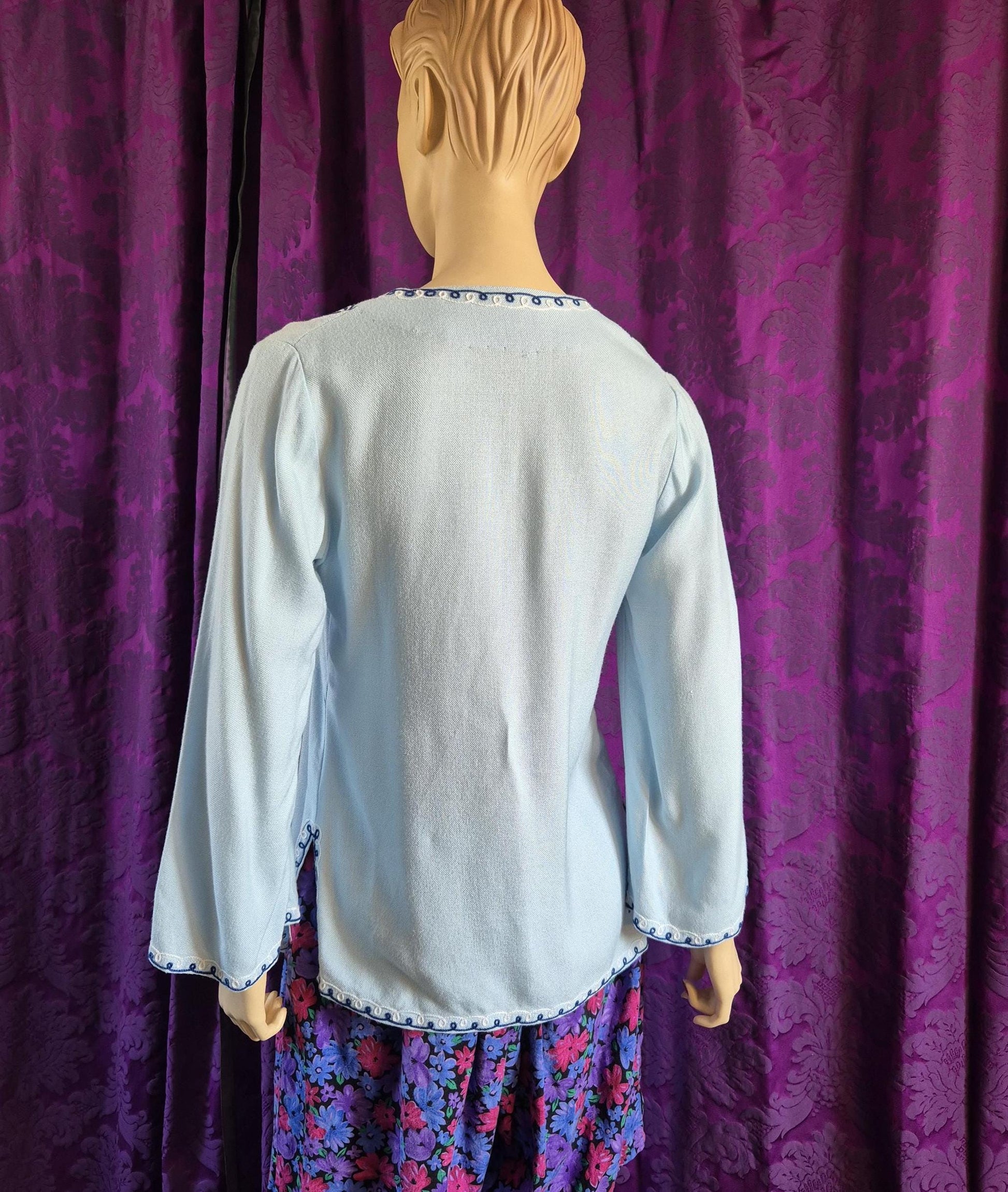 Vintage Pale Blue Boho Embroidered Tunic Top