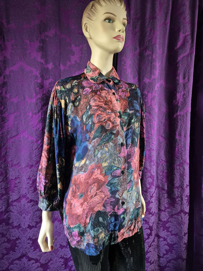Vintage 90s Rayon Floral Shiny Blouse by "Flam"