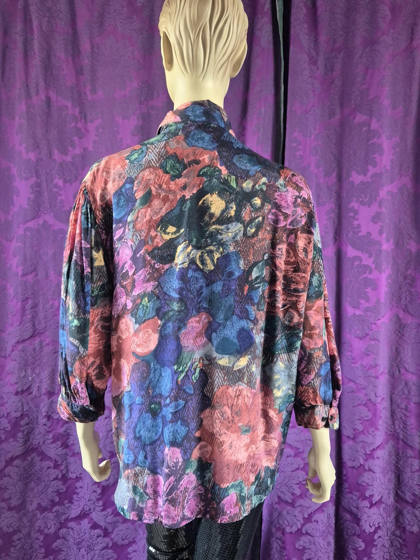 Vintage 90s Rayon Floral Shiny Blouse by "Flam"