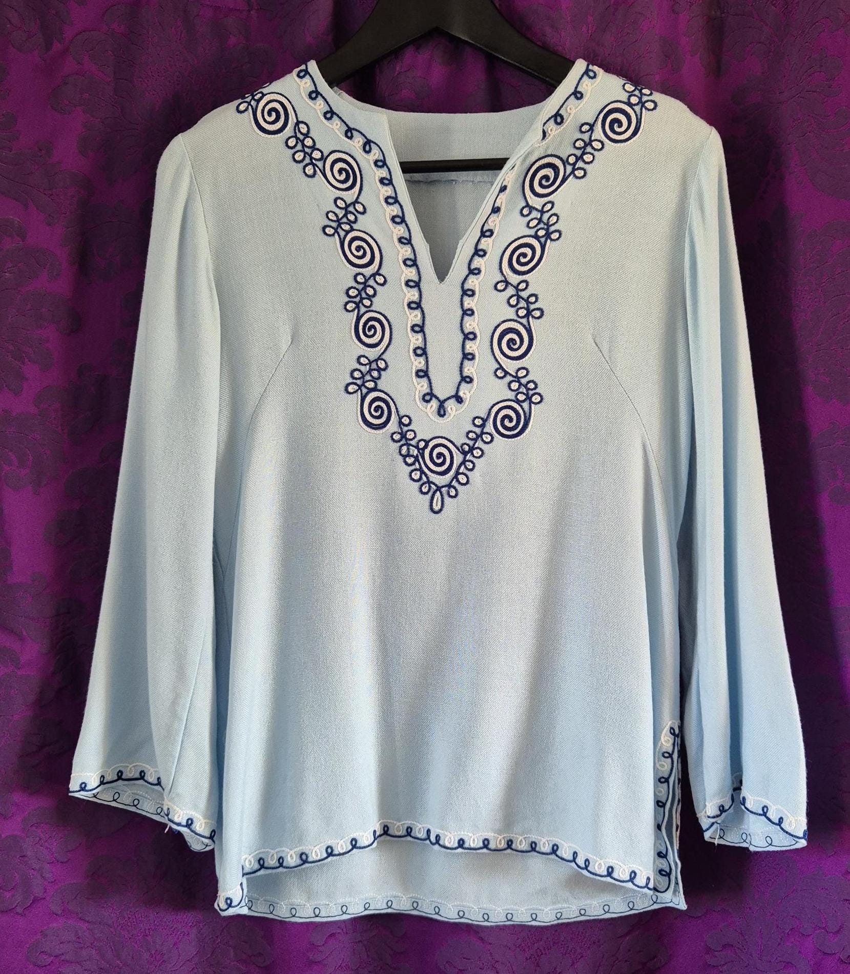 Vintage Pale Blue Boho Embroidered Tunic Top