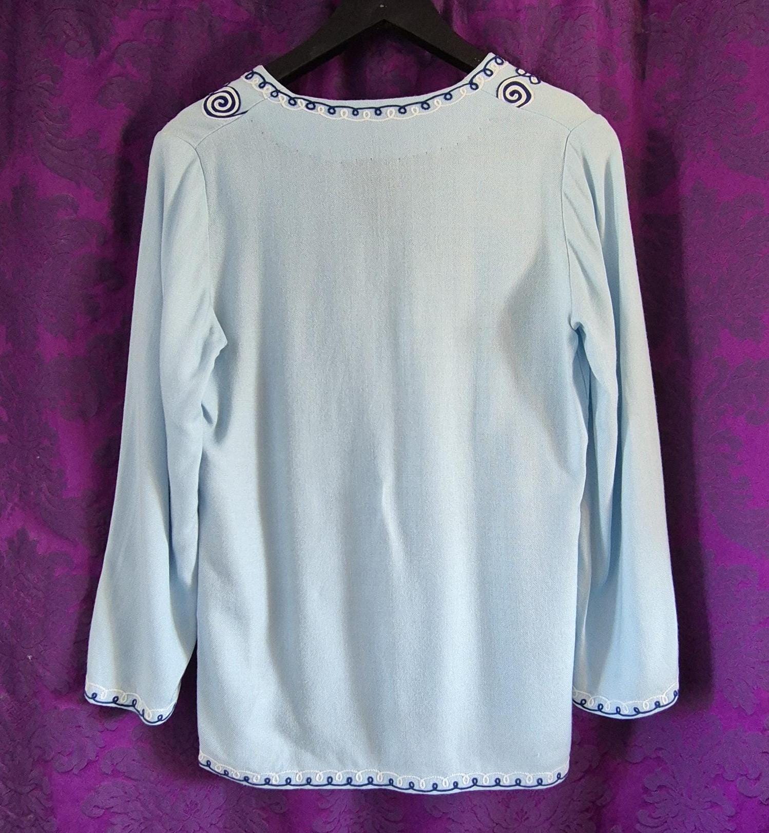 Vintage Pale Blue Boho Embroidered Tunic Top