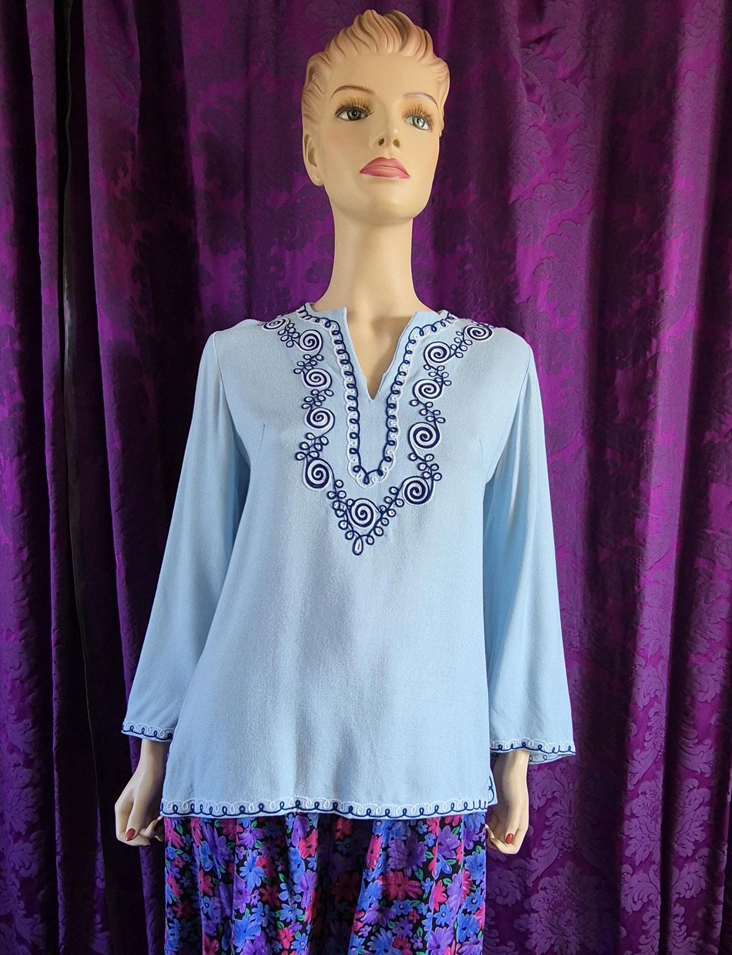 Vintage Pale Blue Boho Embroidered Tunic Top