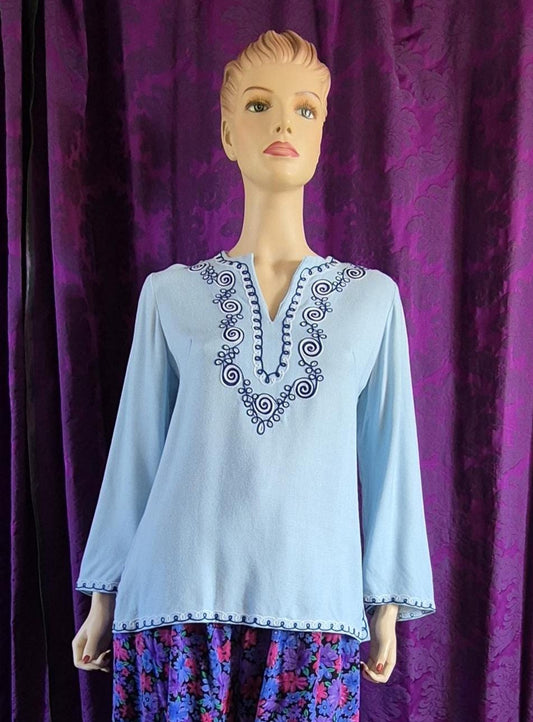 Vintage Pale Blue Boho Embroidered Tunic Top