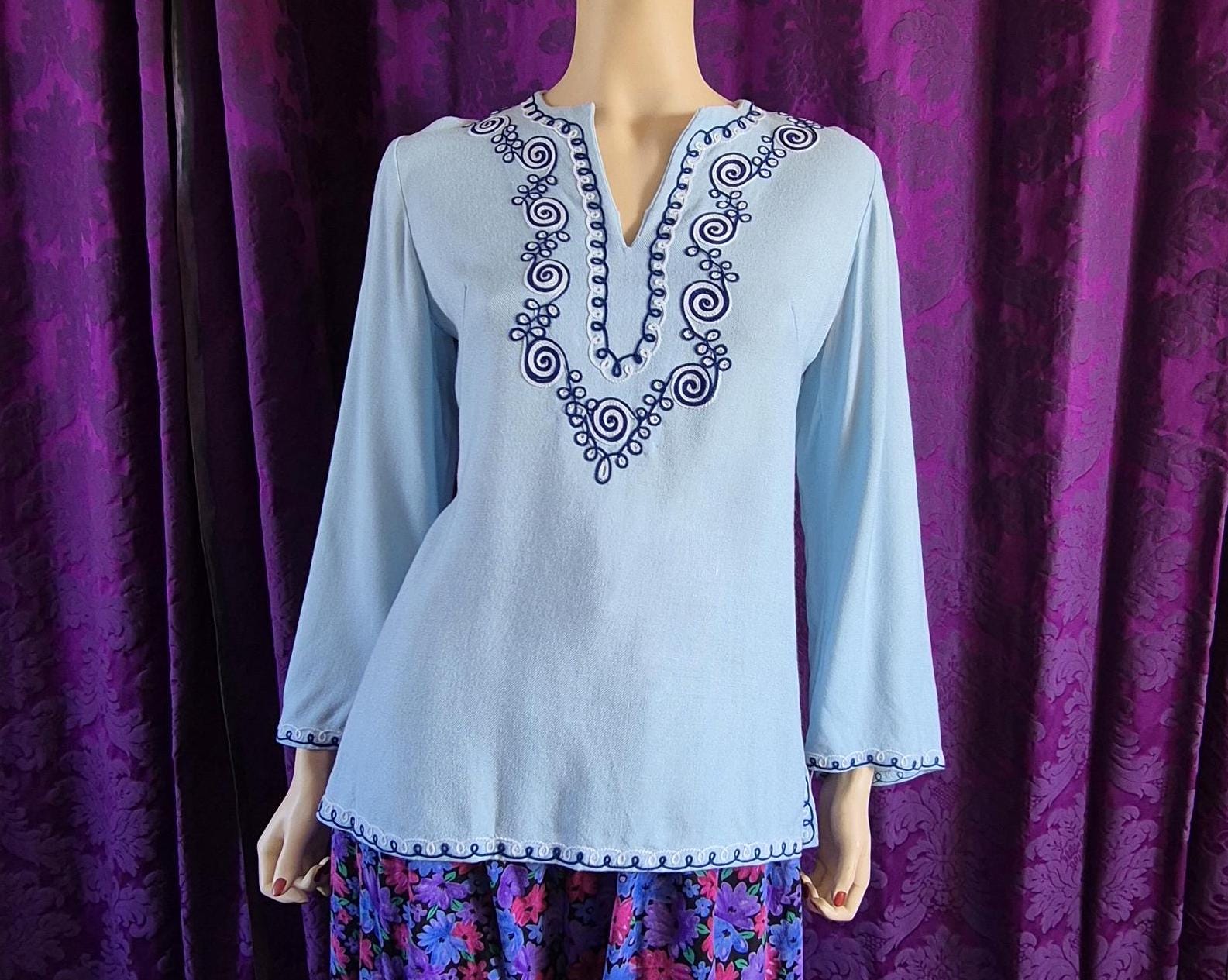Vintage Pale Blue Boho Embroidered Tunic Top