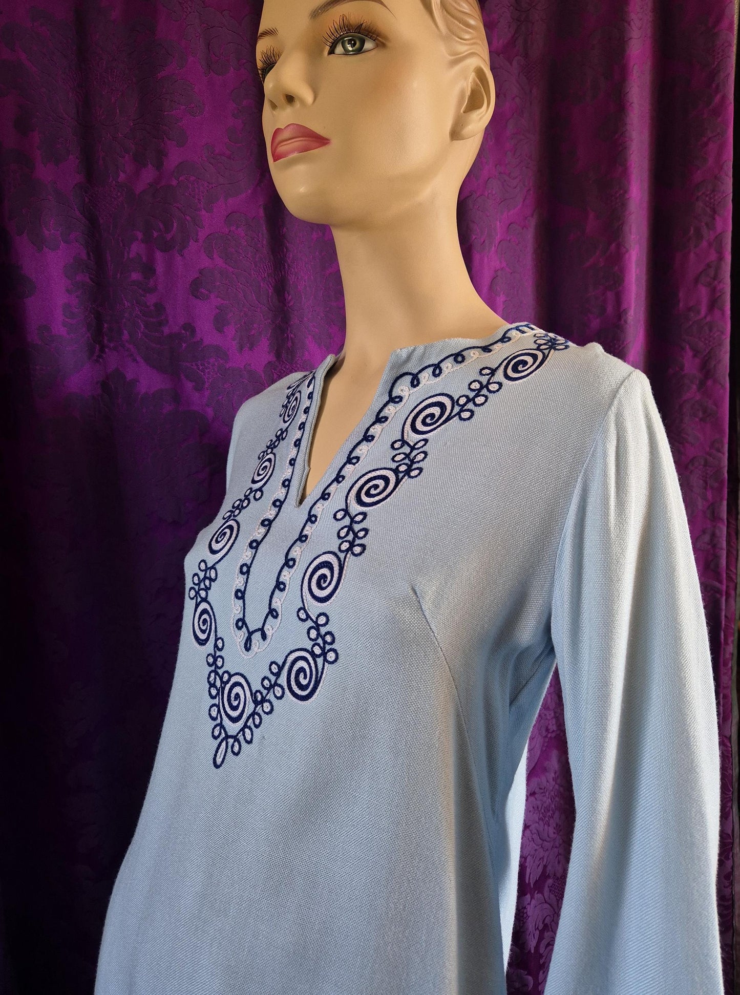 Vintage Pale Blue Boho Embroidered Tunic Top