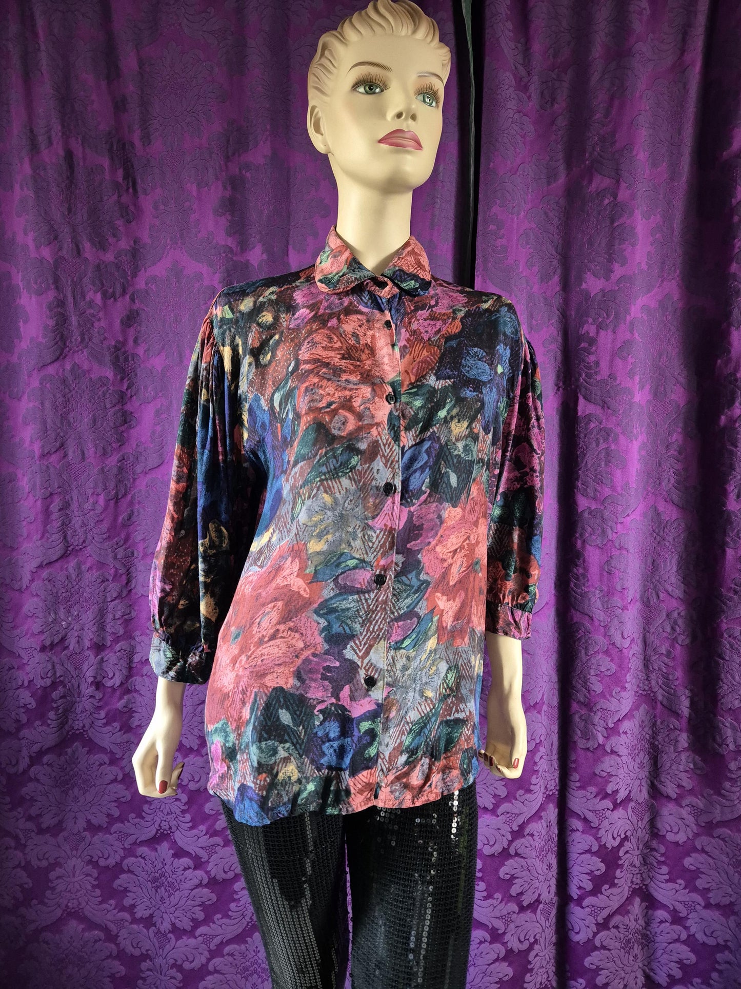Vintage 90s Rayon Floral Shiny Blouse by "Flam"