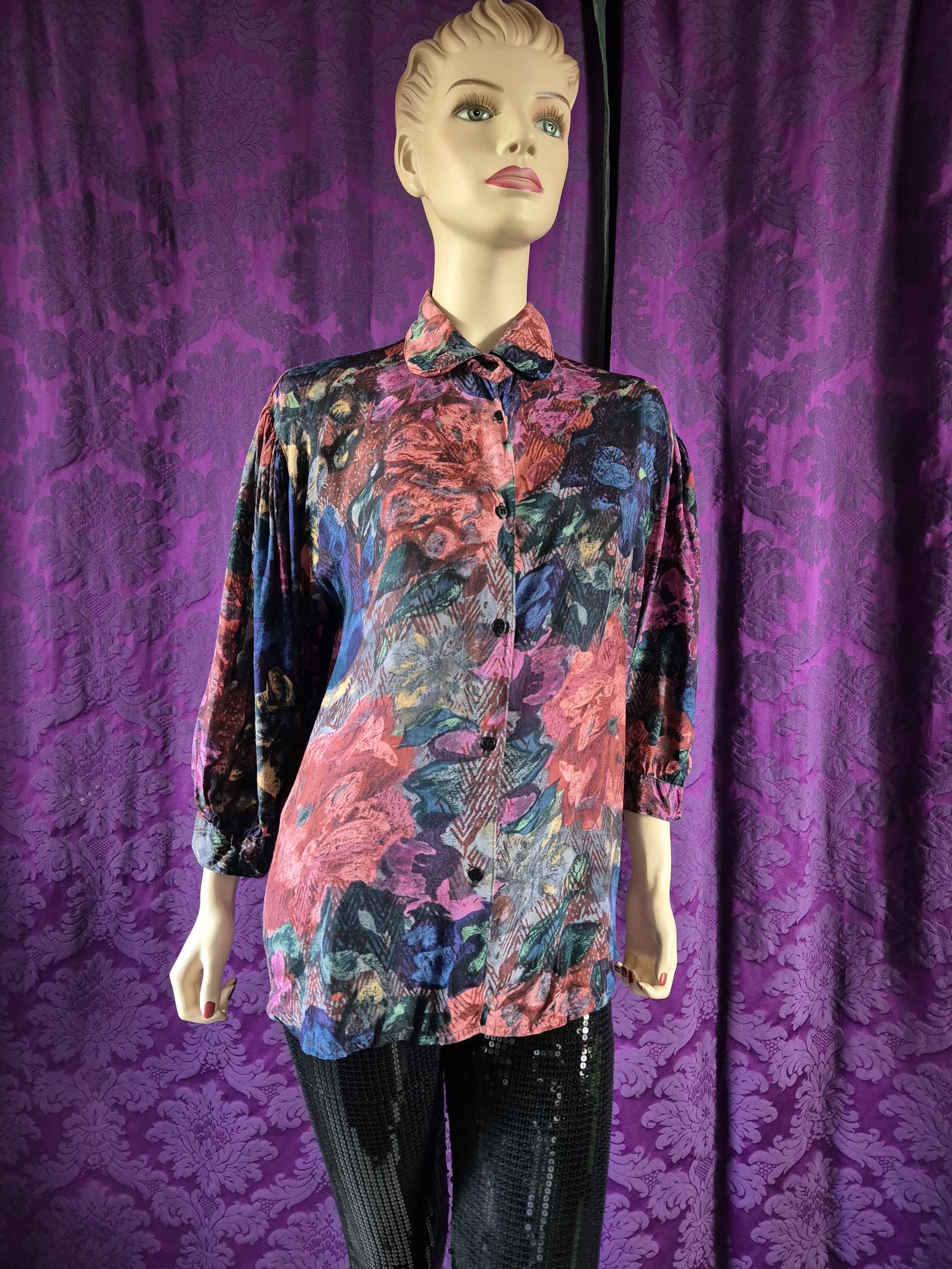 Vintage 90s Rayon Floral Shiny Blouse by "Flam"