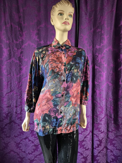 Vintage 90s Rayon Floral Shiny Blouse by "Flam"