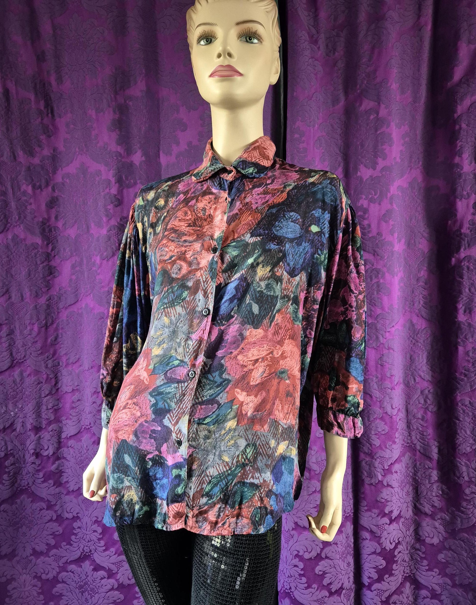 Vintage 90s Rayon Floral Shiny Blouse by "Flam"