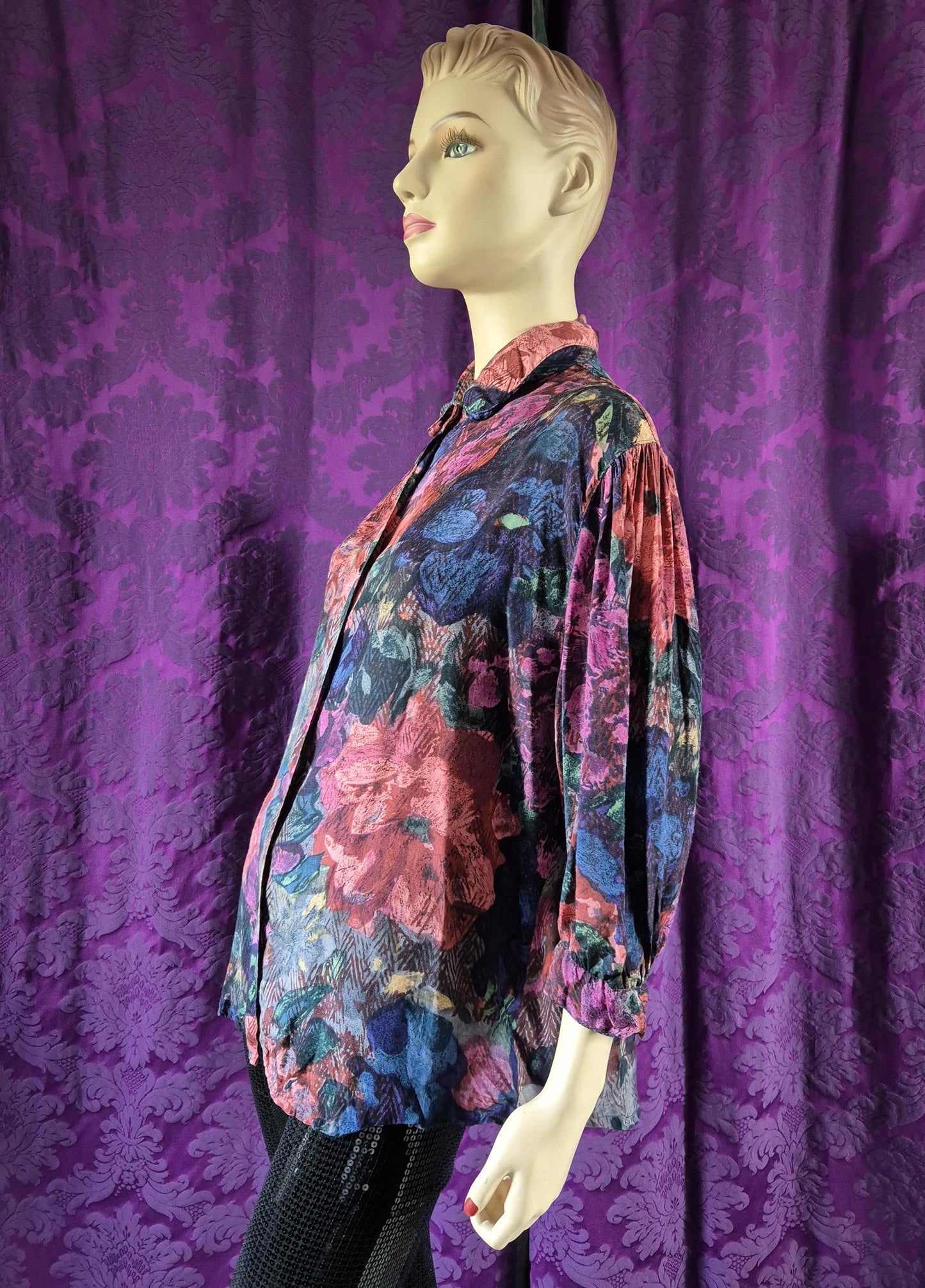 Vintage 90s Rayon Floral Shiny Blouse by "Flam"