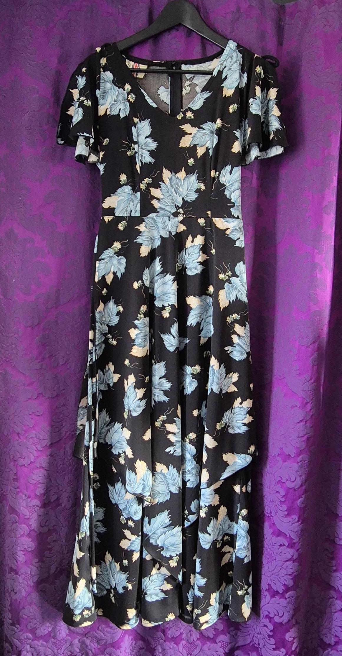 Vintage 1970s Blue Leaf Print Layered Boho Fairy Maxi Dress