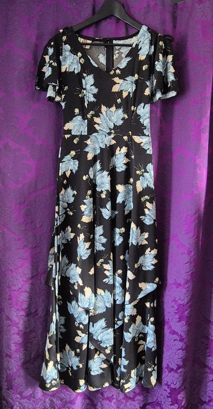 Vintage 1970s Blue Leaf Print Layered Boho Fairy Maxi Dress