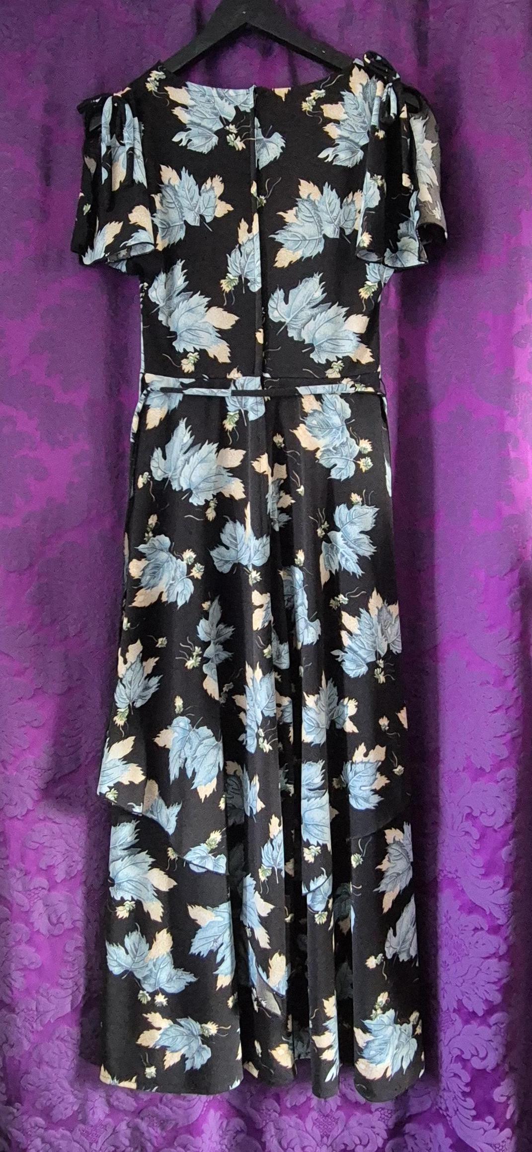 Vintage 1970s Blue Leaf Print Layered Boho Fairy Maxi Dress