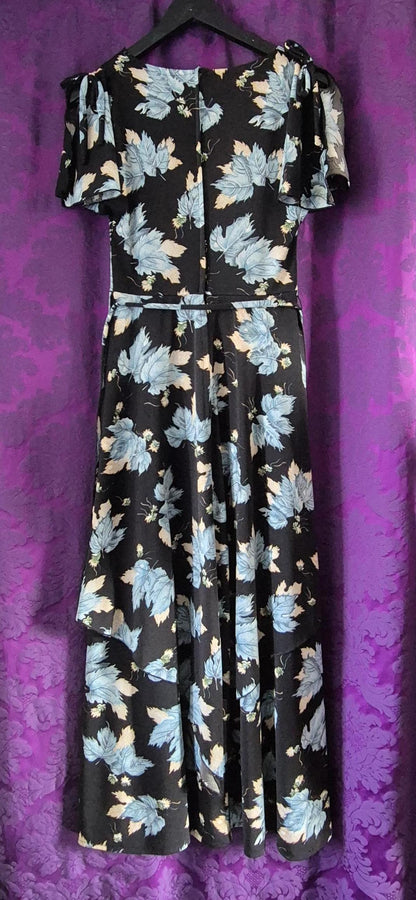Vintage 1970s Blue Leaf Print Layered Boho Fairy Maxi Dress