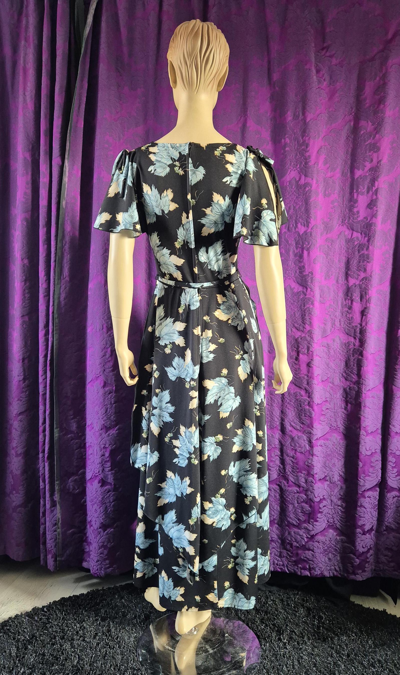 Vintage 1970s Blue Leaf Print Layered Boho Fairy Maxi Dress