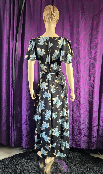 Vintage 1970s Blue Leaf Print Layered Boho Fairy Maxi Dress