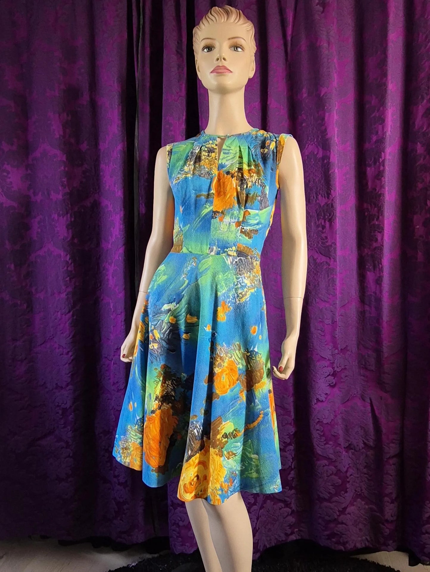 Vintage 1960s Floral Print Barkcloth Dress