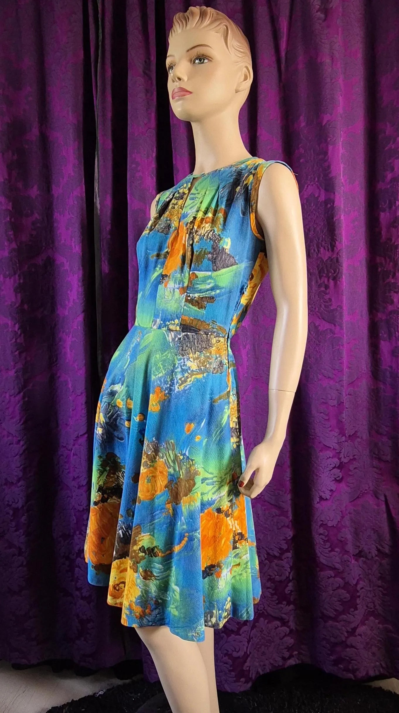 Vintage 1960s Floral Print Barkcloth Dress