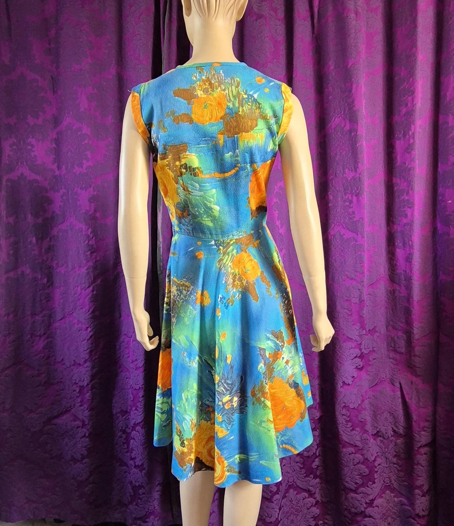 Vintage 1960s Floral Print Barkcloth Dress