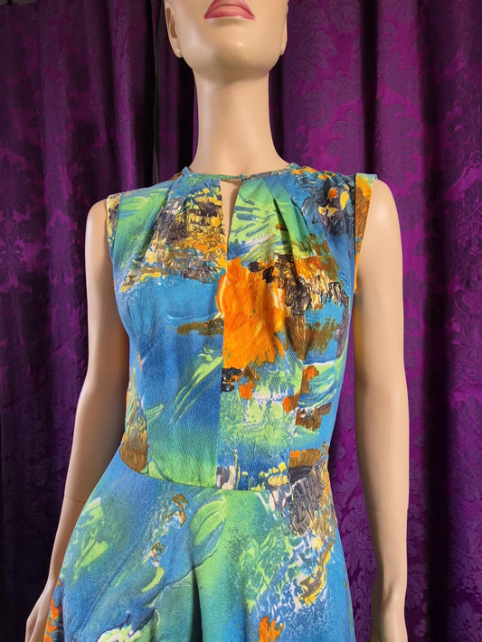 Vintage 1960s Floral Print Barkcloth Dress