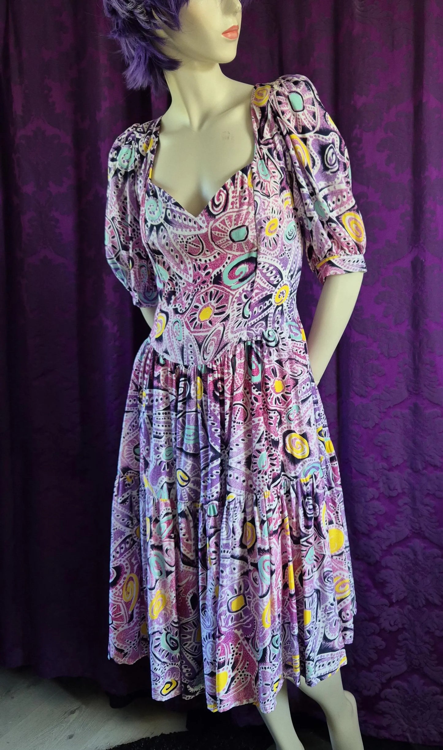 Vintage Zandra Rhodes Postmodern Print Prairie Dress