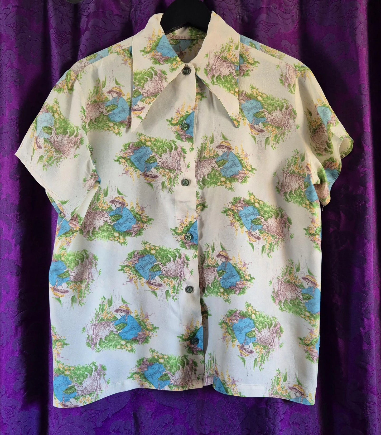 Vintage 1970s Storybook Illustration Blouse - Little Girl & Lamb