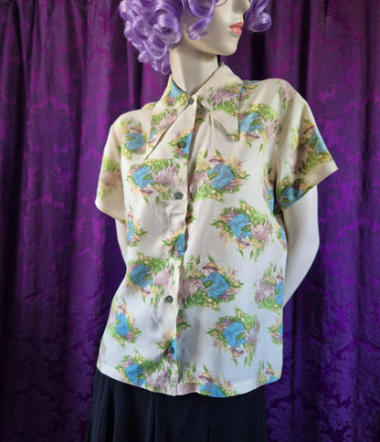 Vintage 1970s Storybook Illustration Blouse - Little Girl & Lamb