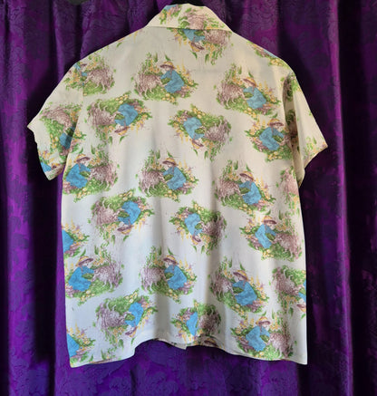 Vintage 1970s Storybook Illustration Blouse - Little Girl & Lamb